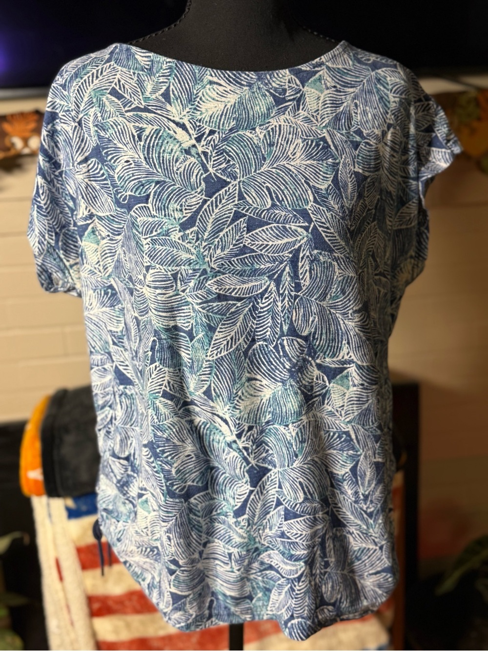 Chaps Blue and White Leaf-Print Short Sleeve Tee